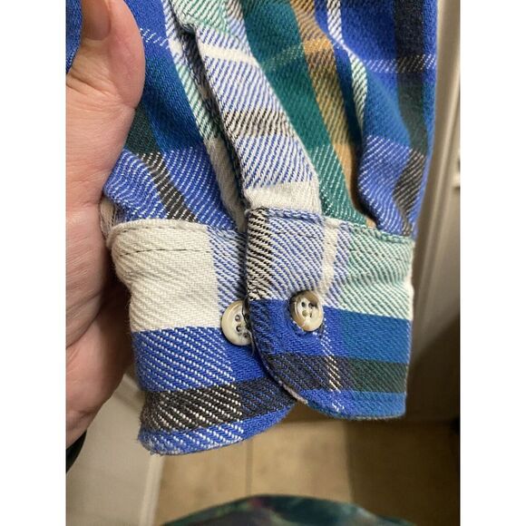 Vintage Five Brothers Thick Flannel Button Up Shirt XL Shacket Blue Green Yellow - Picture 9 of 12